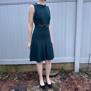 Cue Jewel-Tone Dark Teal Fit & Flare Dress with Sculptural Neckline, Size 8